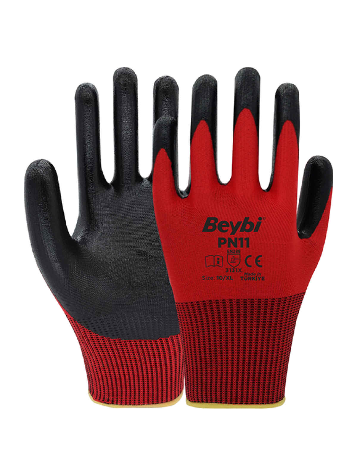 Beybi PN11 Polyester Örme Nitril Eldiven Kırmızı/Siyah