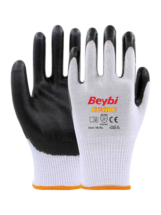Beybi CU510C PU Kaplı Kesilmeye Dirençli Eldiven Beyaz/Siyah