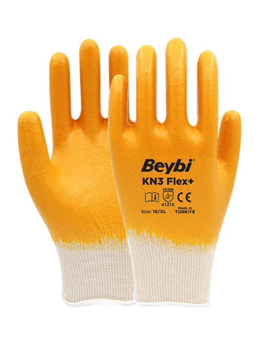 Beybi KN3 FLEX PLUS Pamuk Likralı Örme Nitril Eldiven Sarı