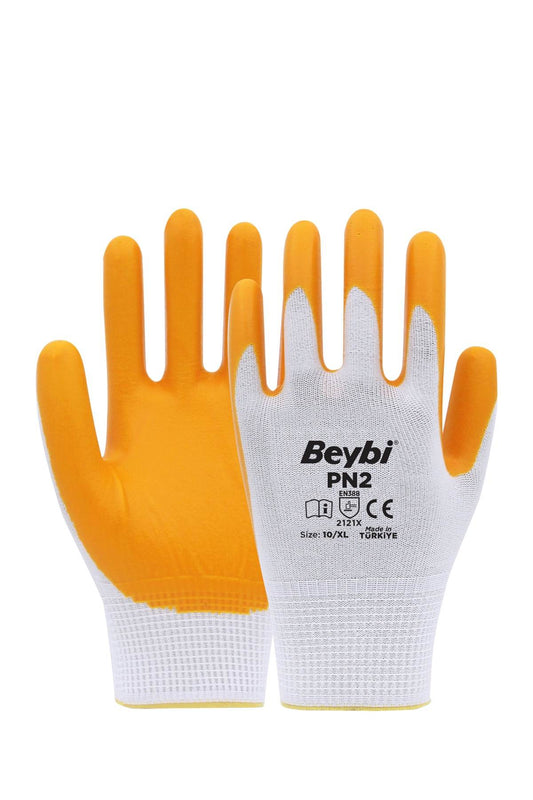 Beybi PN2 Polyester Örme Nitril Eldiven Sarı 9" - (12 Adet/Paket)