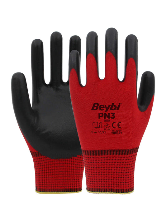 Beybi PN3 Polyester Örme Nitril Eldiven Kırmızı