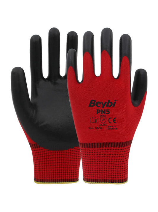Beybi PN5 Polyester Örme Nitril Eldiven Kırmızı