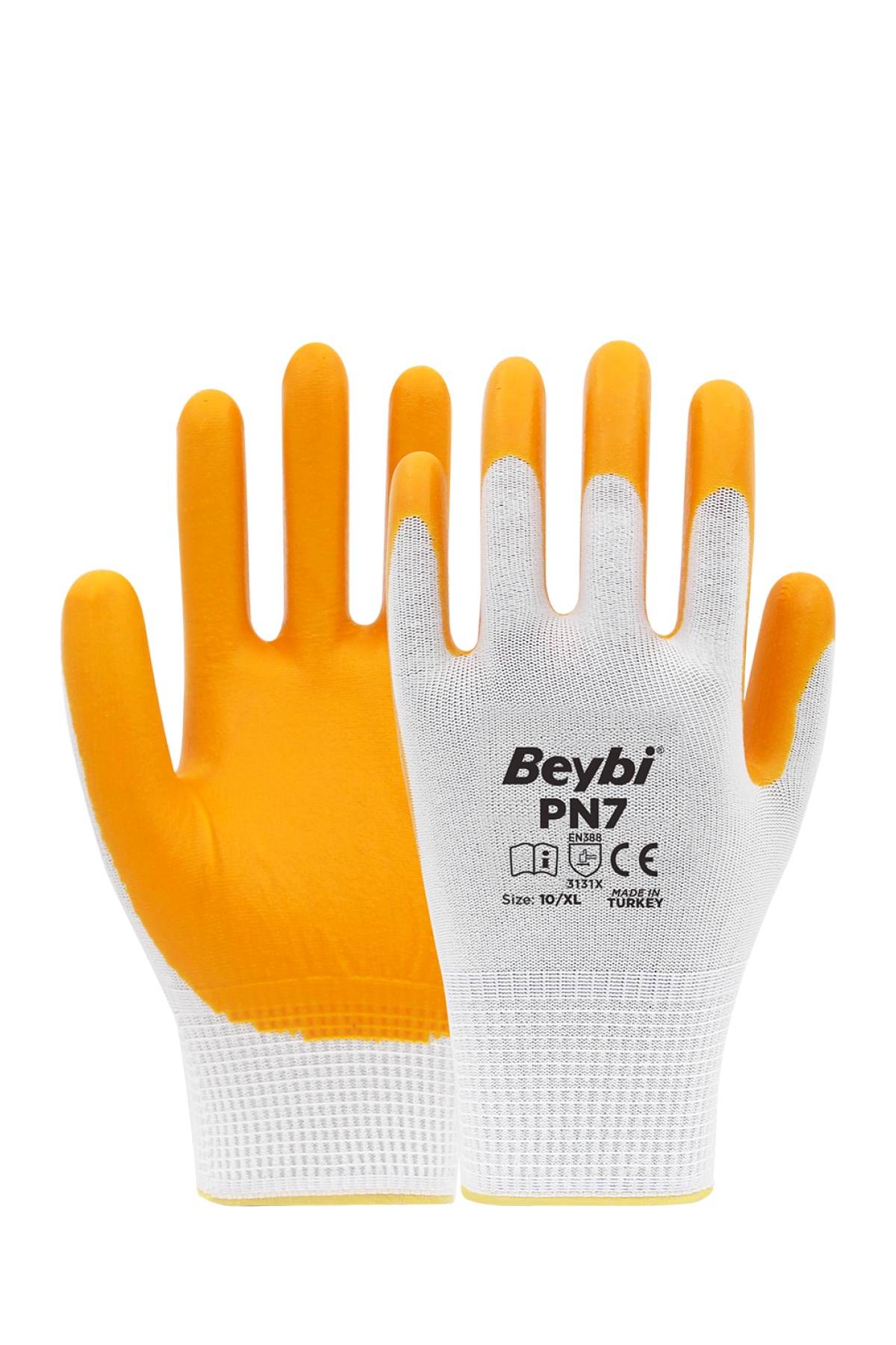 Beybi PN7 Polyester Örme Nitril Eldiven Sarı 9" - (12 Adet/Paket)