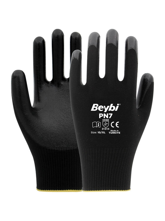 Beybi PN7 Polyester Örme Nitril Eldiven Siyah