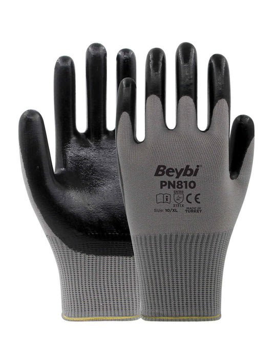 Beybi PN810 Nitril Kaplı Polyester Örme Eldiven Gri